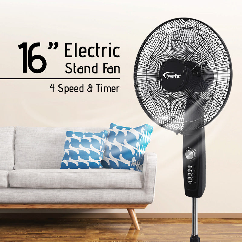 16" Stand Fan – Strong Airflow, Adjustable Tilt & Height, Oscillation, Timer, Durable, Energy-efficient, 4-Speed, black, PPFS30