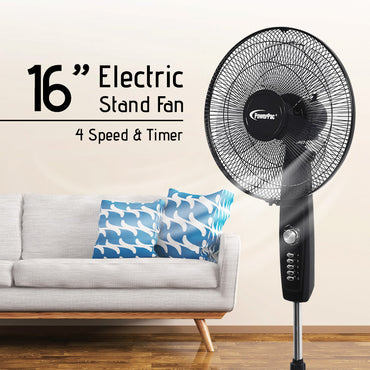 16" Stand Fan – Strong Airflow, Adjustable Tilt & Height, Oscillation, Timer, Durable, Energy-efficient, 4-Speed, black, PPFS30