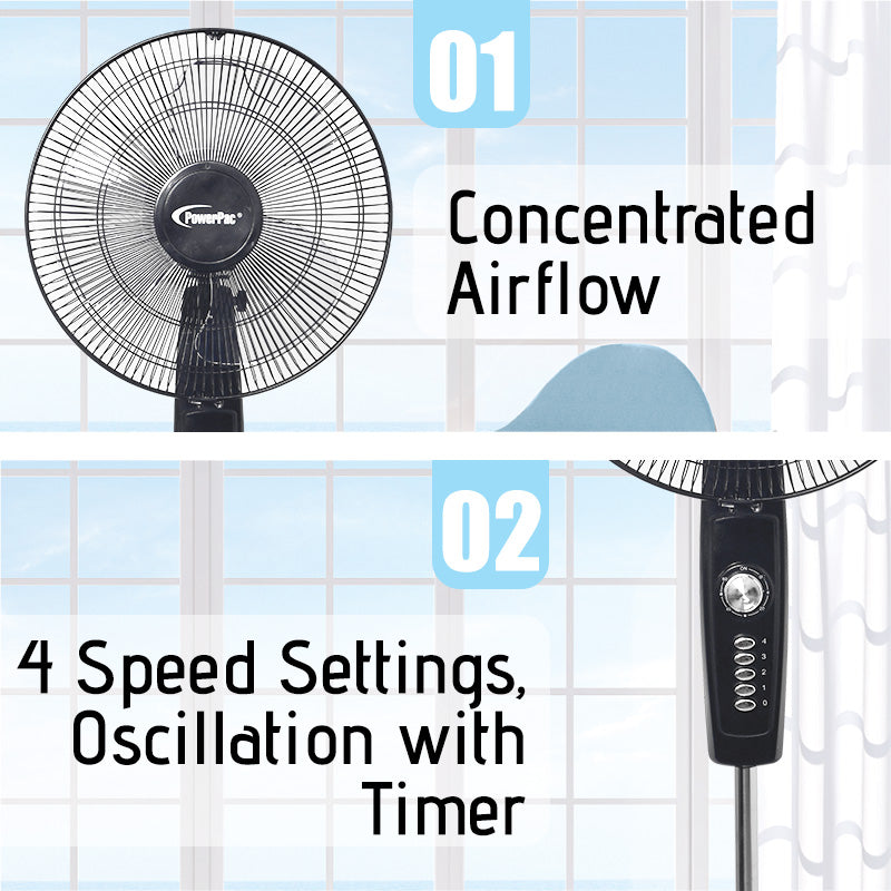 16" Stand Fan – Strong Airflow, Adjustable Tilt & Height, Oscillation, Timer, Durable, Energy-efficient, 4-Speed, black, PPFS30