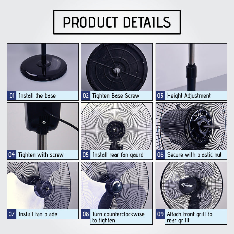 16" Stand Fan – Strong Airflow, Adjustable Tilt & Height, Oscillation, Timer, Durable, Energy-efficient, 4-Speed, black, PPFS30