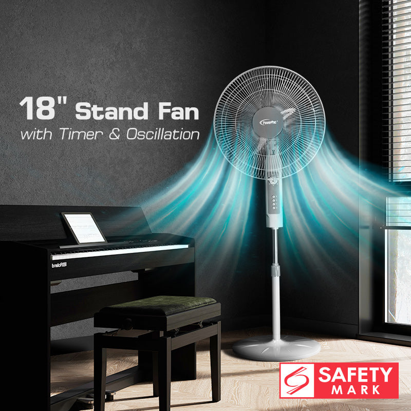 18" Stand Fan – Strong Airflow, Adjustable Tilt & Height, Oscillation, Timer, Durable, Energy-saving, 3-Speed, white, PPFS70