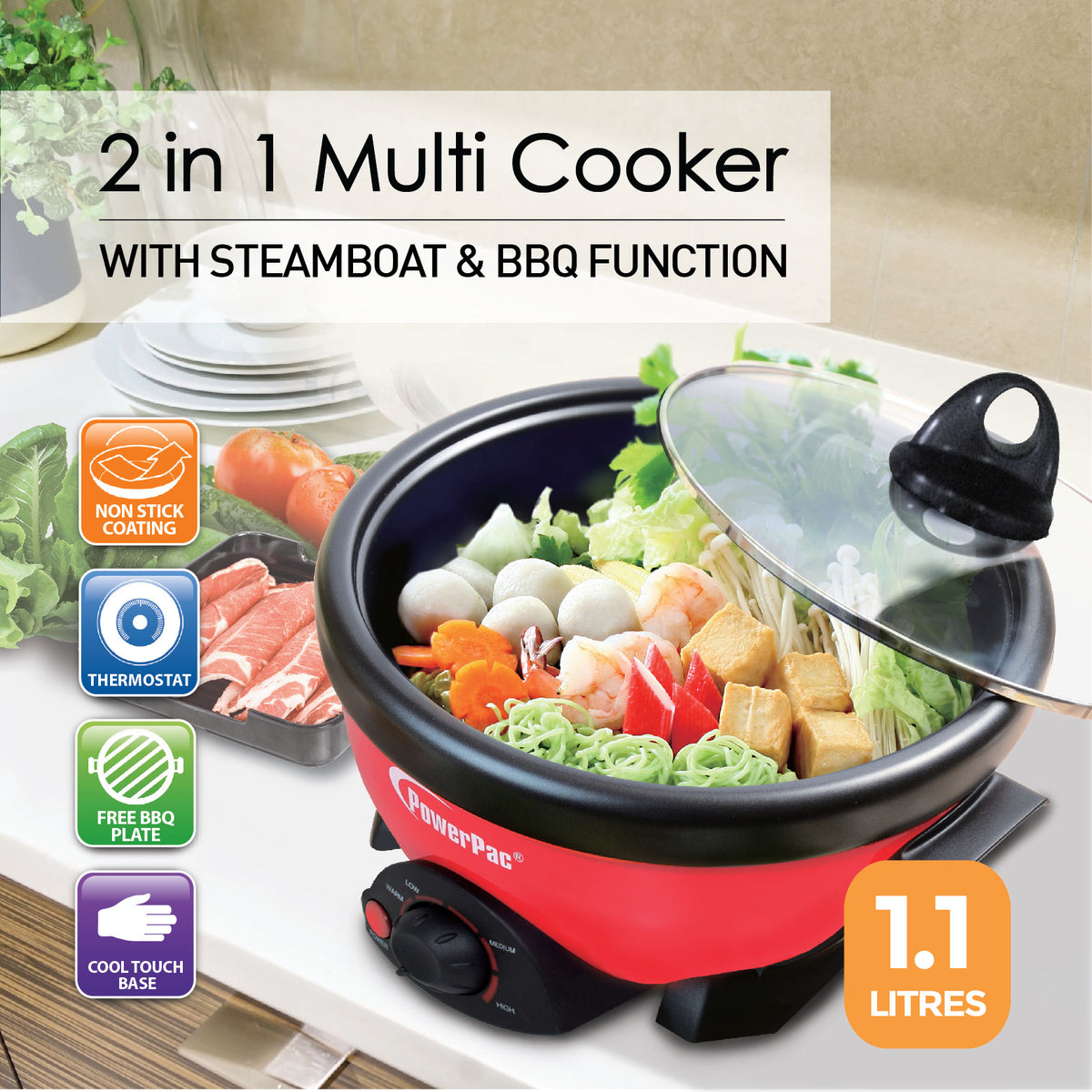 Multi Cooker 1.1L 2in1 Steamboat/BBQ grill (PPMC182) - PowerPacSG
