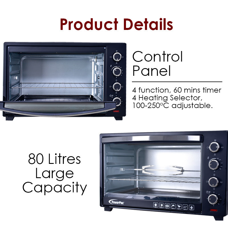Electric Oven 80L with Rotisserie and convection functions, 2 trays and grill racks (PPT80)