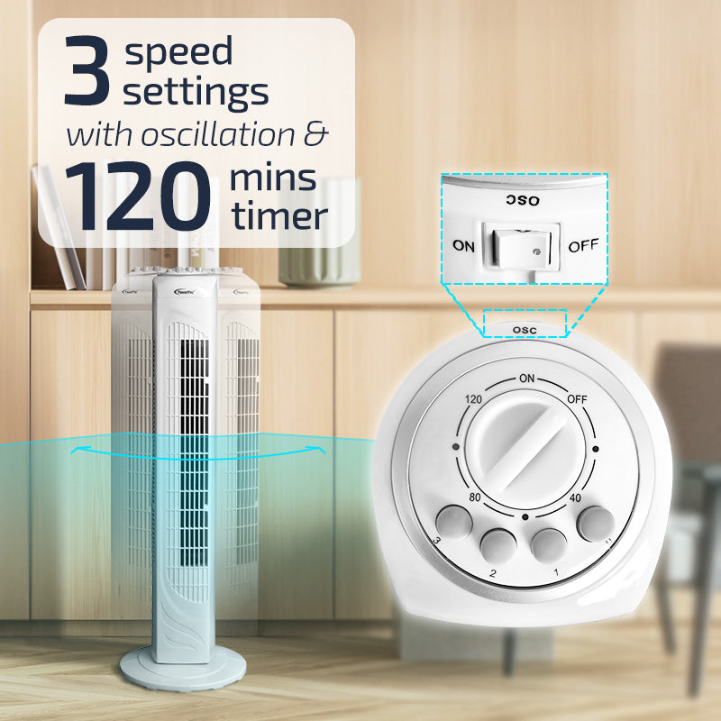29" Tower Fan – Oscillation, Timer, Portable, Energy-efficient, Thermal protection, 3-Speed, white, PPTF290
