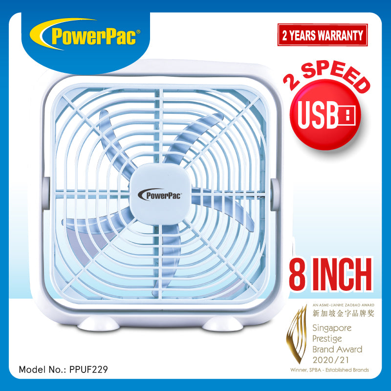 8" Box Fan – USB, Portable, 90° Vertical Adjustable Tilt, Strong Airflow, Durable, Compact, Quiet, 2-Speed, white, PPUF229