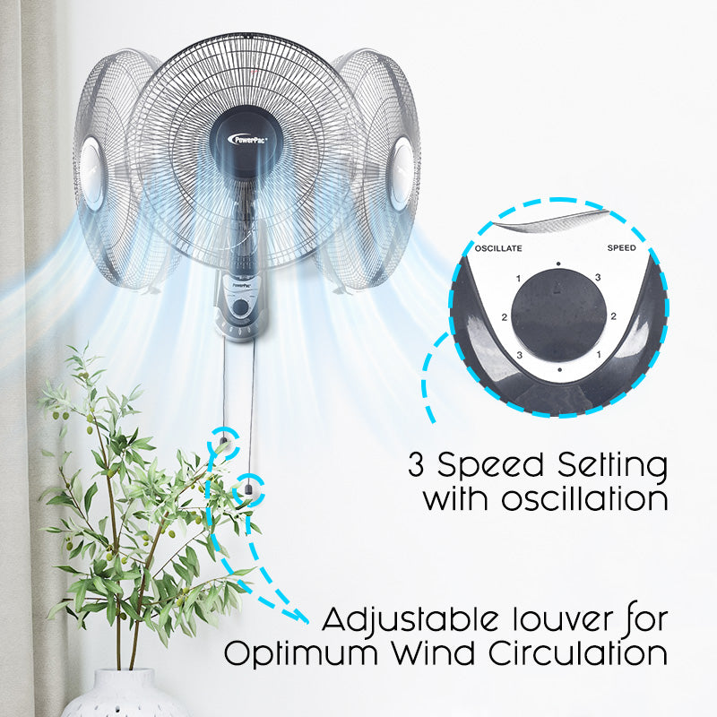 16" Wall Fan – Adjustable Tilt, Wide Oscillation, Safe & Easy Installation, Thermal Protection, 3-Speed, black, PPWF40