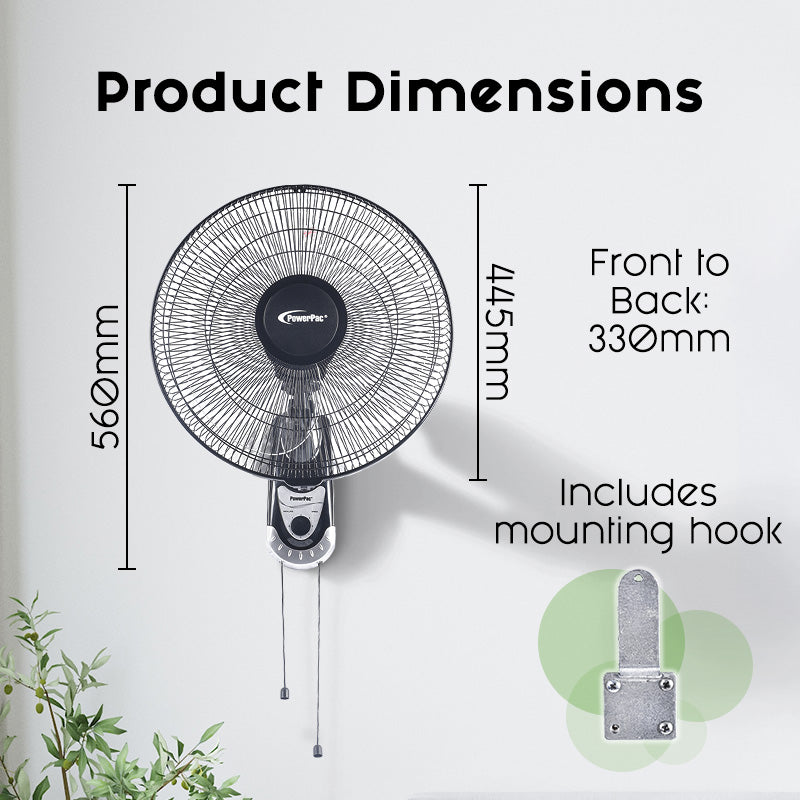 16" Wall Fan – Adjustable Tilt, Wide Oscillation, Safe & Easy Installation, Thermal Protection, 3-Speed, black, PPWF40
