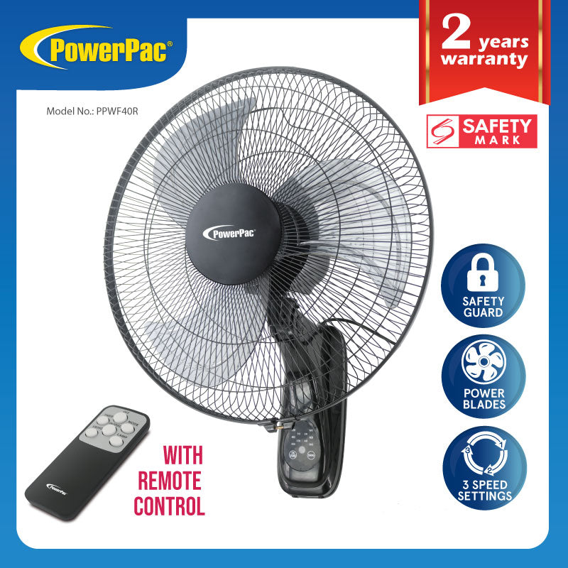 16" Wall Fan with Remote Control – 3 Speed Settings, Oscillation, Adjustable Tilt, Thermal Protection, Wall Mountable, PPWF40R