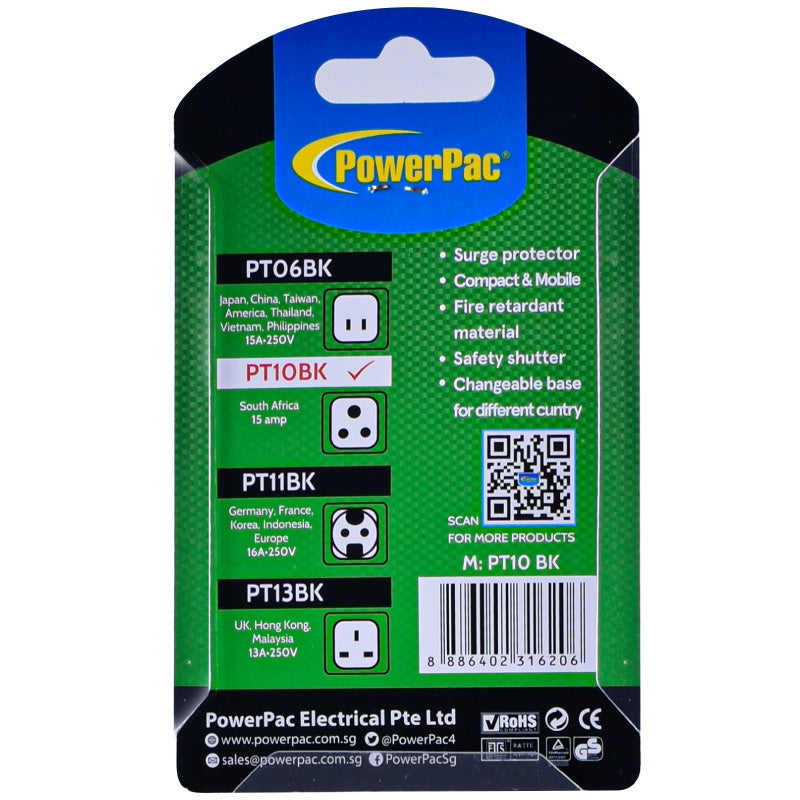 15amp Multi Travel Adapter (PT10BK) South Africa- Black