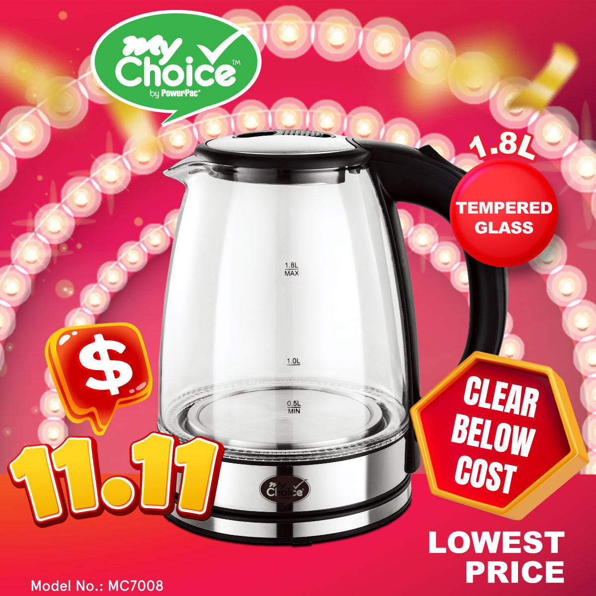 My Choice Electric Kettle Glass Jug 1.8L with Auto Switch (MC7008)