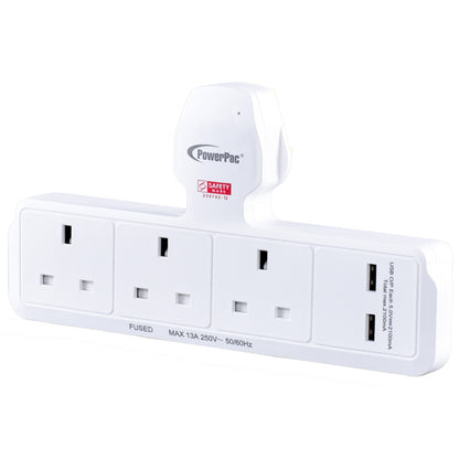 Multi Plug Extension Adapter with 3 Way, 2x USB-A, Power Extension Socket Adaptor (PP288U)