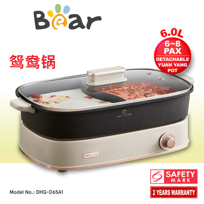 Bear Steamboat & BBQ Grill, Multi Cooker with 6L YuanYang Non-stick Pot (DHG-D65A1)