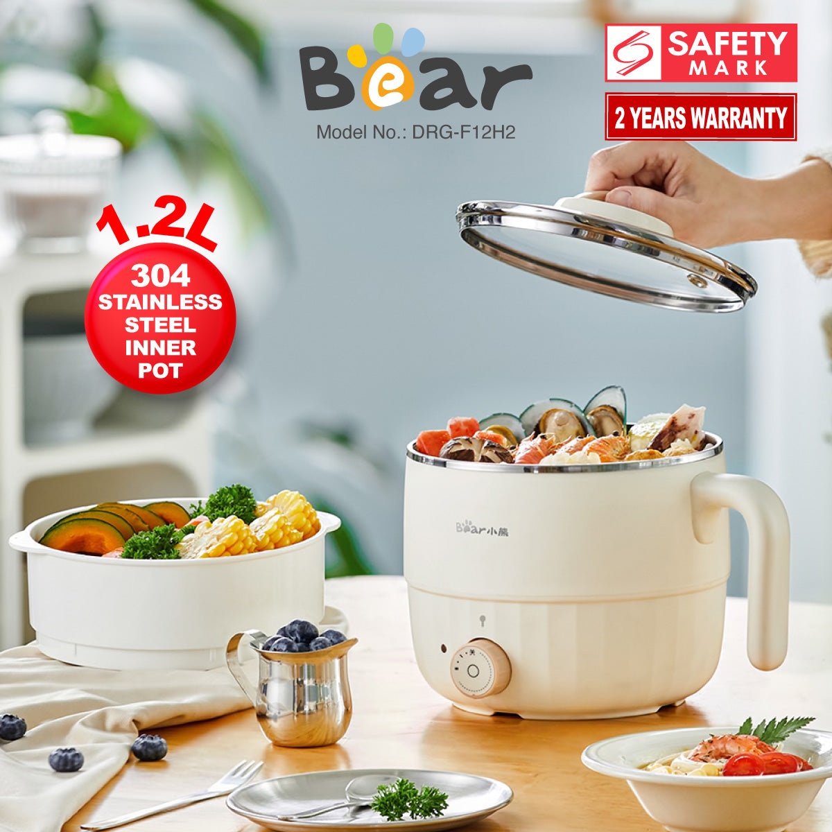 Bear Multi Cooker 1.2L steamboat noodle cooker and Food Steamer (DRG-F12H2)