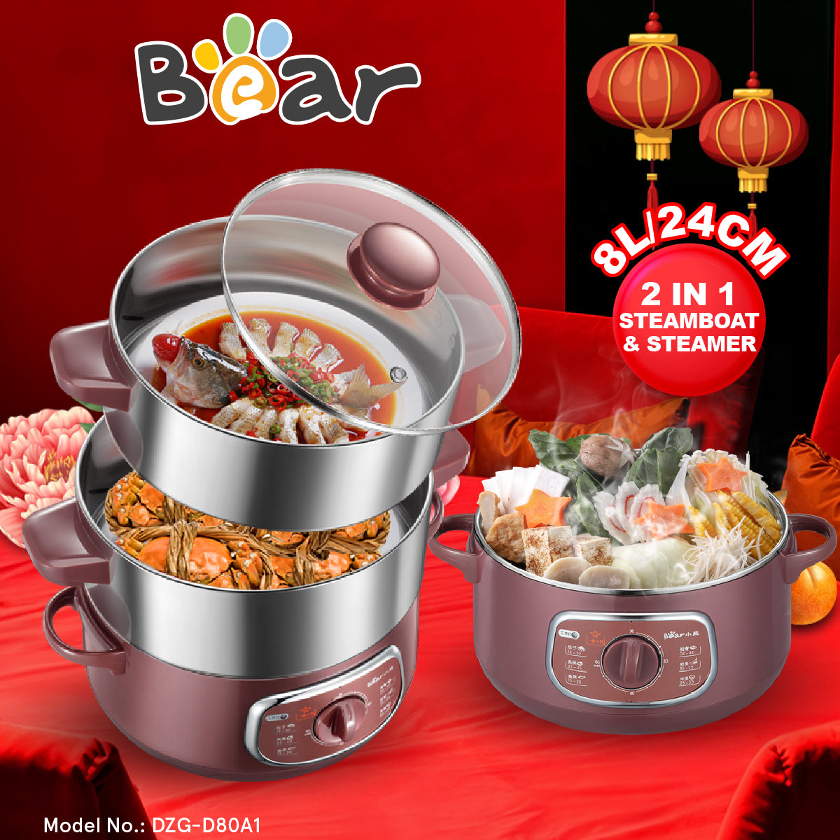 Bear 2in1 Steamer & Steamboat 2 Tier Stainless Steel convenient Steamer 8.0L 800Watt , Food Steamer(DZG-D80A1)