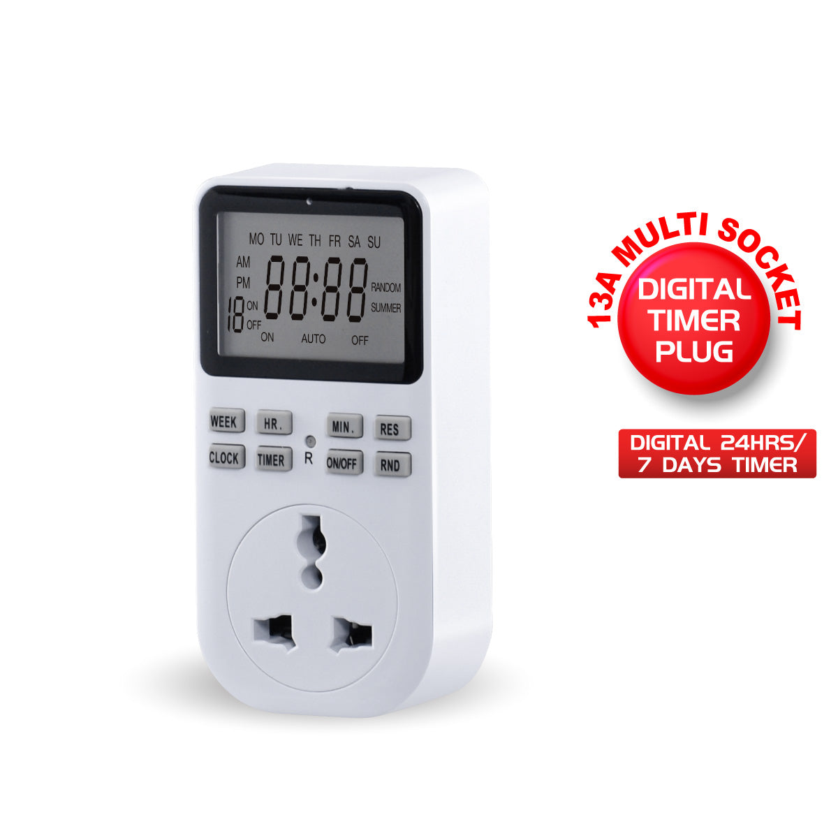 Digital Timer Plug Socket, Digital 24hrs / 7 days Timer for 13A Multi Socket (FDD60-D2)