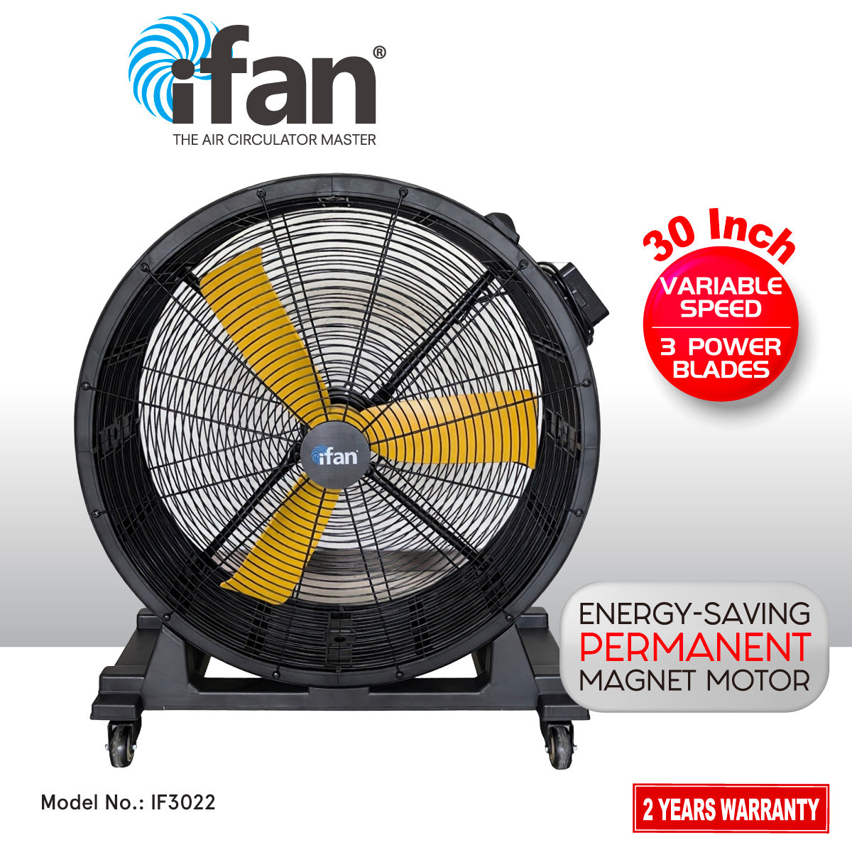 iFan 30” Big Industrial Drum Fan - Powerful, Energy-Saving Permanent Magnet Motor, 3 Blades, Portable, Wheels (IF3022)