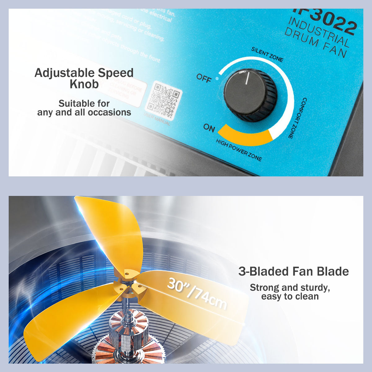 iFan 30” Big Industrial Drum Fan - Powerful, Energy-Saving Permanent Magnet Motor, 3 Blades, Portable, Wheels (IF3022)