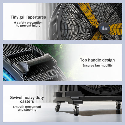 iFan 30” Big Industrial Drum Fan - Powerful, Energy-Saving Permanent Magnet Motor, 3 Blades, Portable, Wheels (IF3022)
