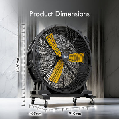 iFan 30” Big Industrial Drum Fan - Powerful, Energy-Saving Permanent Magnet Motor, 3 Blades, Portable, Wheels (IF3022)