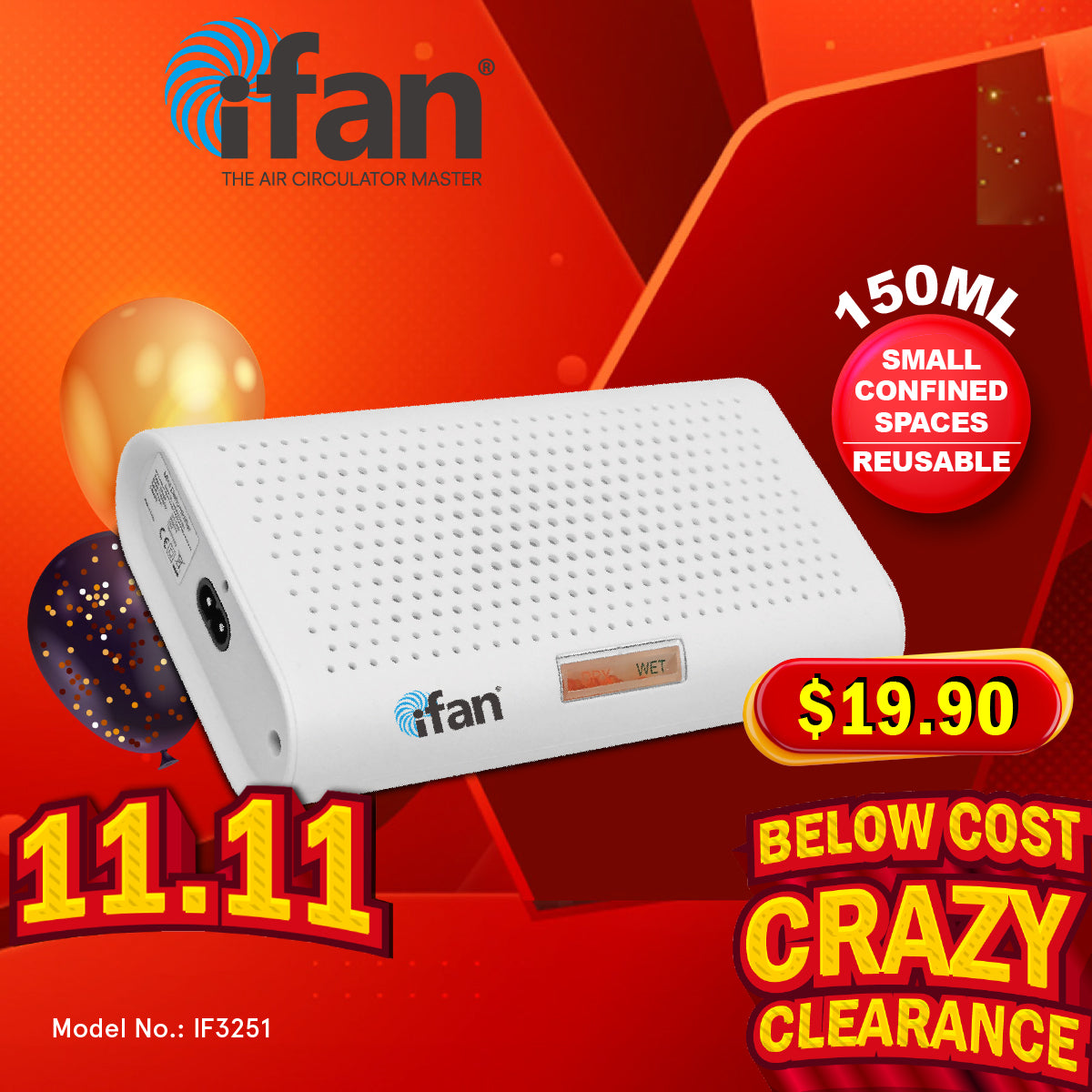 iFan Thirsty Hippo Dehumidifier, Dehumidifier, Rechargeable Moisture Absorber | Reusable (IF3251)