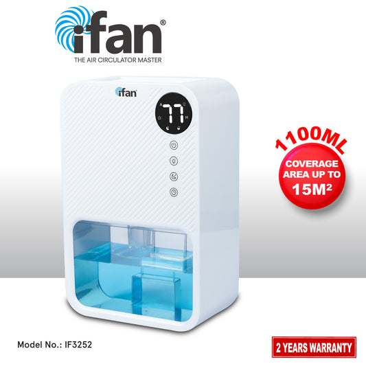 iFan 1.1L Electric Mini Dehumidifier Thirsty Hippo – Full Tank Auto OFF, Humidity Display, 7 LED, Timer, quiet, white, IF3252