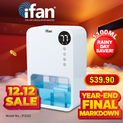 iFan 1.1L Electric Mini Dehumidifier Thirsty Hippo – Full Tank Auto OFF, Humidity Display, 7 LED, Timer, quiet, white, IF3252