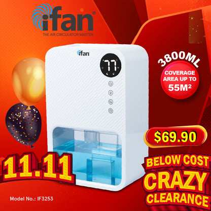 iFan 3.8L Electric Mini Dehumidifier Thirsty Hippo – Full Tank Auto OFF, Humidity Display, 7 LED, Timer, quiet, white, IF3253