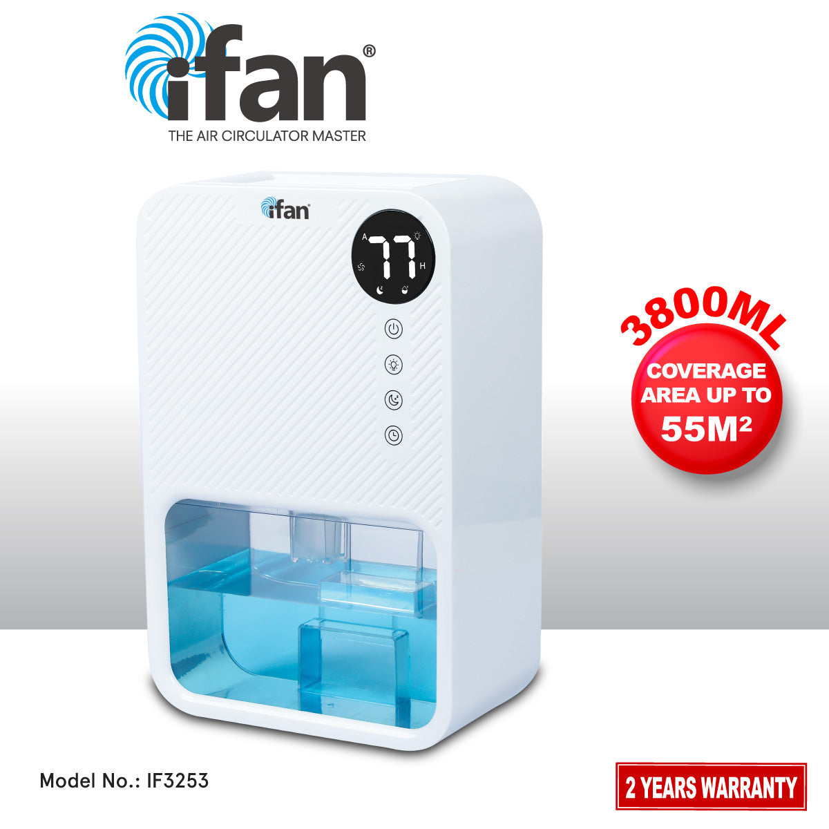 iFan 3.8L Electric Mini Dehumidifier Thirsty Hippo – Full Tank Auto OFF, Humidity Display, 7 LED, Timer, quiet, white, IF3253