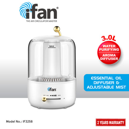 iFan 3L Humidifier Crystal Clear Diffuser Ultrasonic Mist Humidifier Essential Oil Silent Aromatherapy Diffuser (IF3258)