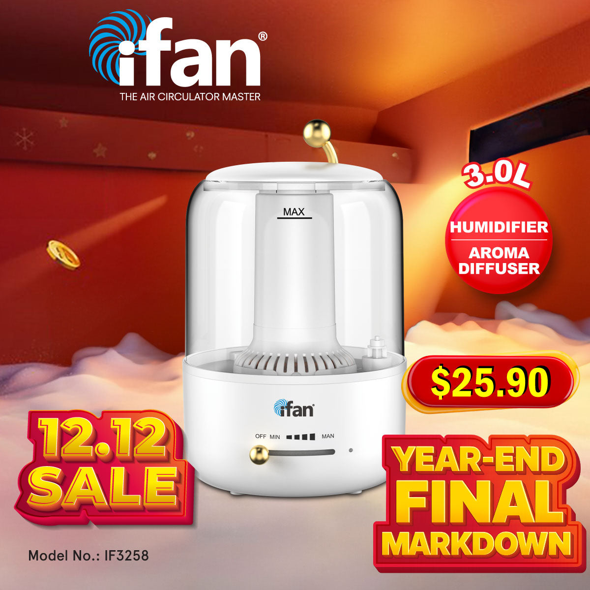 iFan 3L Humidifier Crystal Clear Diffuser Ultrasonic Mist Humidifier Essential Oil Silent Aromatherapy Diffuser (IF3258)