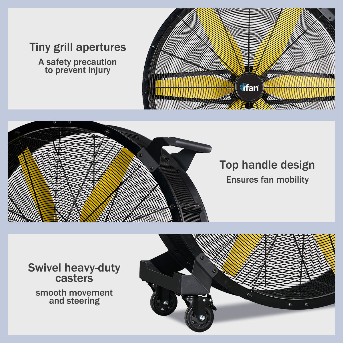 iFan 36” Big Industrial Drum Fan - Powerful, Direct-drive Motor, 6 Blades, Portable, Wheels (IF3622)