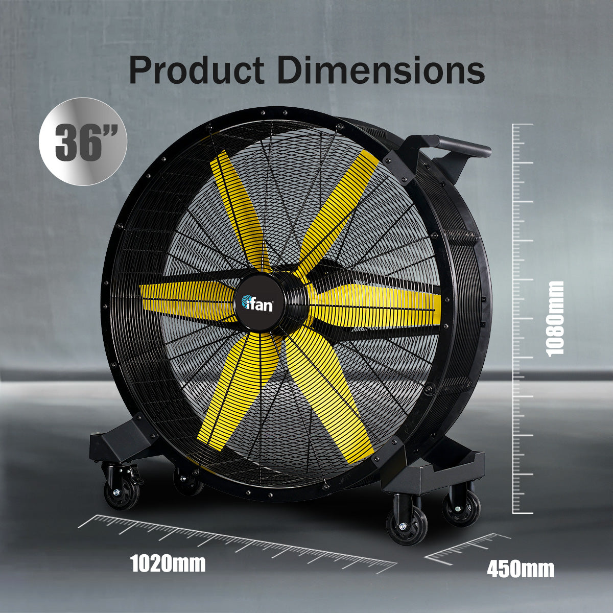 iFan 36” Big Industrial Drum Fan - Powerful, Direct-drive Motor, 6 Blades, Portable, Wheels (IF3622)