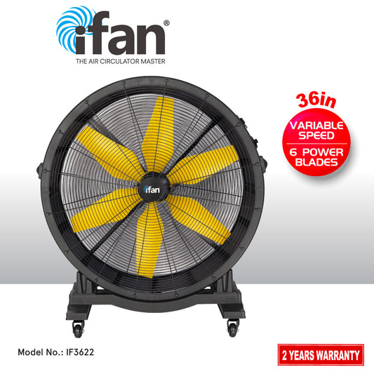 iFan 36” Big Industrial Drum Fan - Powerful, Direct-drive Motor, 6 Blades, Portable, Wheels (IF3622)