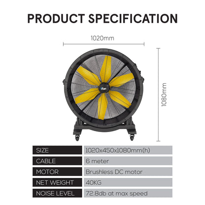 iFan 36” Big Industrial Drum Fan - Powerful, Direct-drive Motor, 6 Blades, Portable, Wheels (IF3622)
