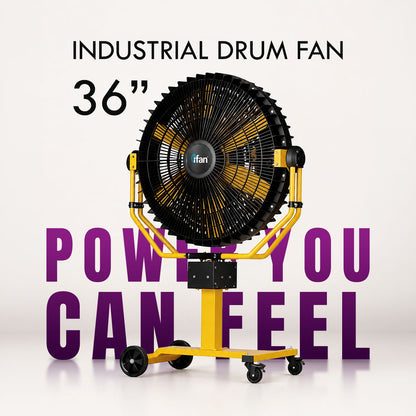 iFan 36” Big Industrial Drum Fan with Oscillation - Powerful, Direct-drive Motor, 6 Blades, Portable, Wheels, IF3688