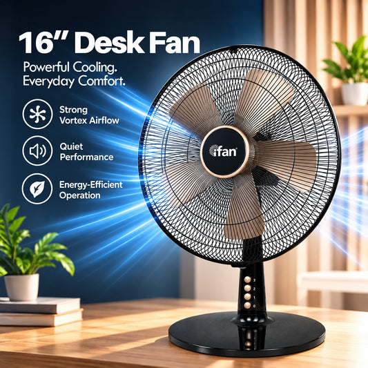 iFan 16" Desk Fan – 5 Blades, Turbo Fan, Adjustable Tilt, Oscillation, 3-Speed, black, IF402