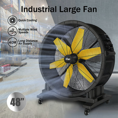iFan 48” Big Industrial Drum Fan - Powerful, Direct-drive Motor, 6 Blades, Portable, Wheels (IF4822)