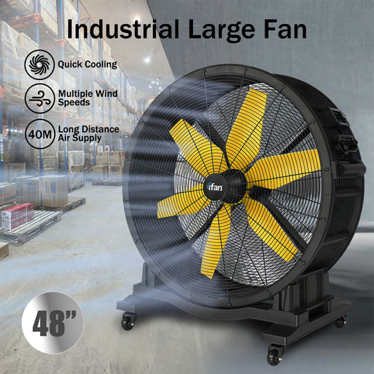iFan 48” Big Industrial Drum Fan - Powerful, Direct-drive Motor, 6 Blades, Portable, Wheels (IF4822)