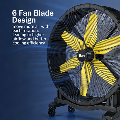 iFan 48” Big Industrial Drum Fan - Powerful, Direct-drive Motor, 6 Blades, Portable, Wheels (IF4822)
