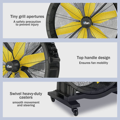 iFan 48” Big Industrial Drum Fan - Powerful, Direct-drive Motor, 6 Blades, Portable, Wheels (IF4822)