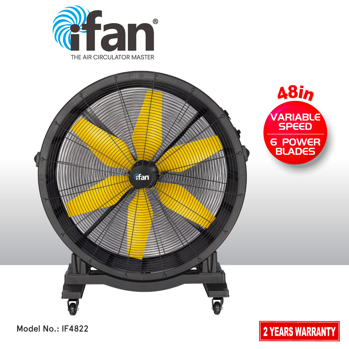 iFan 48” Big Industrial Drum Fan - Powerful, Direct-drive Motor, 6 Blades, Portable, Wheels (IF4822)
