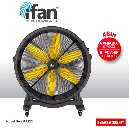 iFan 48” Big Industrial Drum Fan - Powerful, Direct-drive Motor, 6 Blades, Portable, Wheels (IF4822)