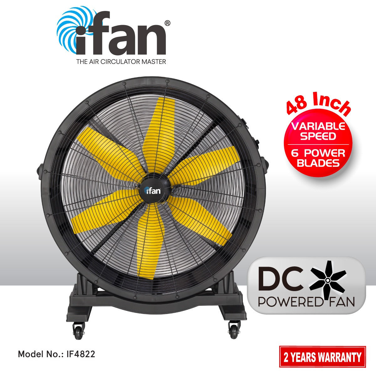 iFan 48” Big Industrial Drum Fan - Powerful, Direct-drive Motor, 6 Blades, Portable, Wheels (IF4822)