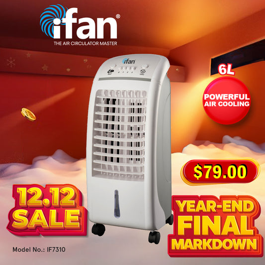 iFan Evaporative Air Cooler – Strong Vortex Airflow, Oscillation, Dust Filter, Efficient, Quiet, 6L Water Tank, 3-Speed, white, IF7310