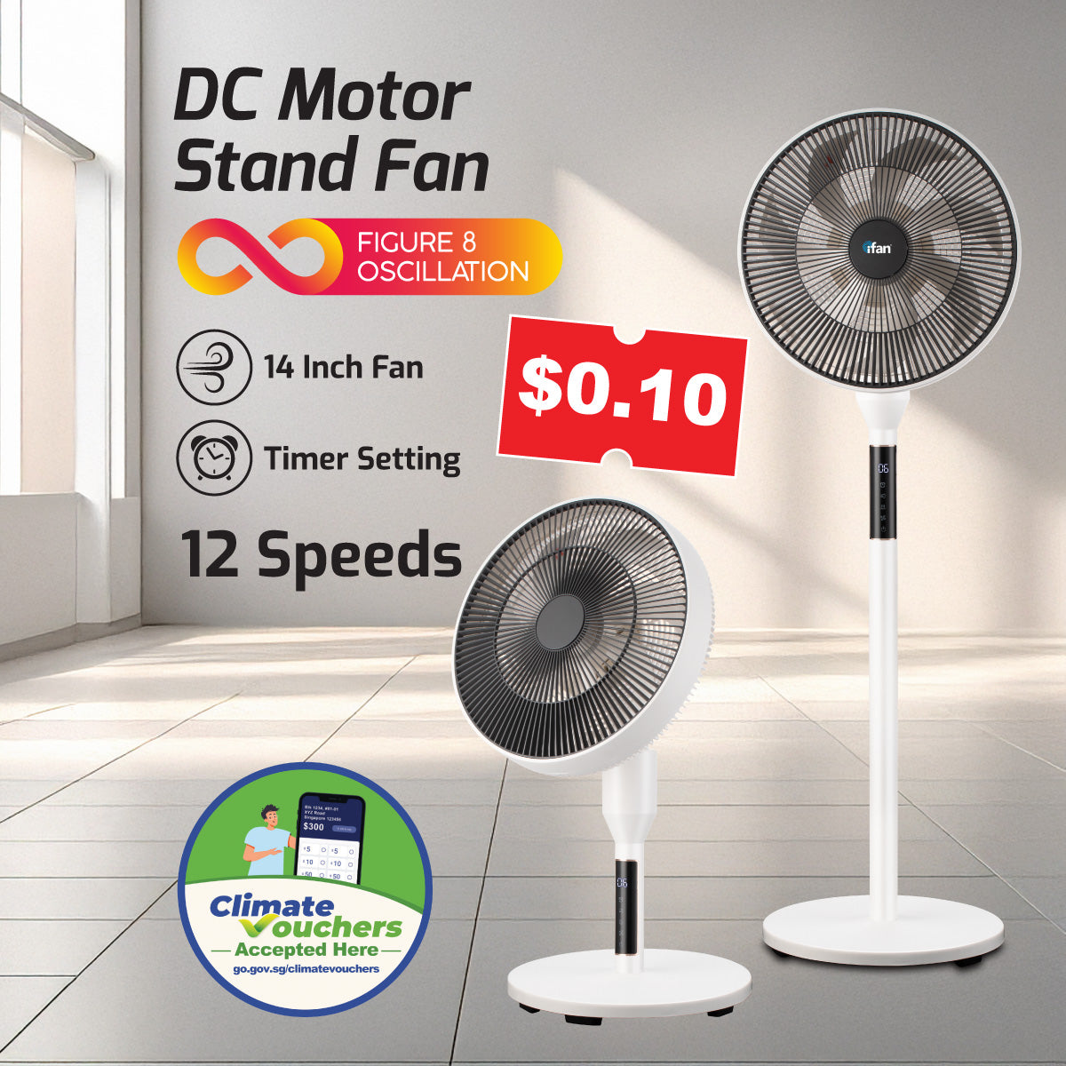 [NEA CLIMATE VOUCHER $400]iFan 14” DC Motor Stand Fan With Figure 8 Oscillation (IF7436)