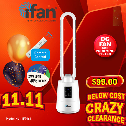 [NEA CLIMATE VOUCHER $400]iFan DC Bladeless Tower Fan – Remote Control, Oscillation, Timer, LED Temp Display, 3 Modes, 12-Speed, white, IF7461