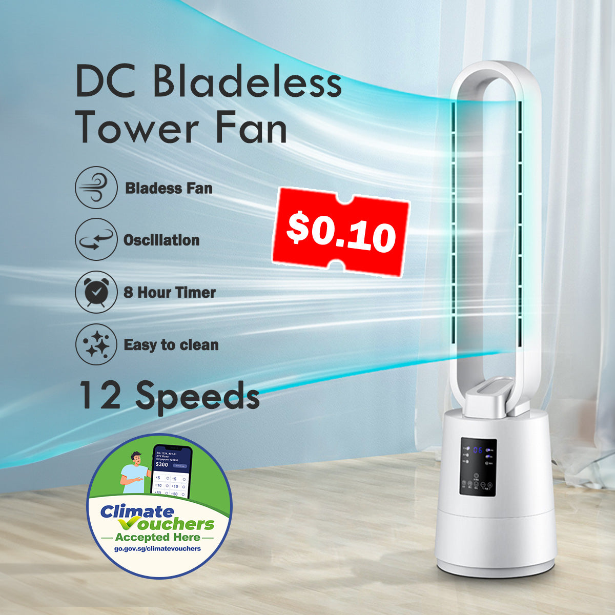 [NEA CLIMATE VOUCHER $400]iFan DC Bladeless Tower Fan – Remote Control, Oscillation, Timer, LED Temp Display, 3 Modes, 12-Speed, white, IF7461
