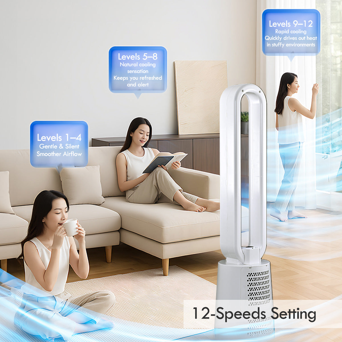 [NEA CLIMATE VOUCHER $400]iFan DC Bladeless Tower Fan – Remote Control, Oscillation, Timer, LED Temp Display, 3 Modes, 12-Speed, white, IF7461