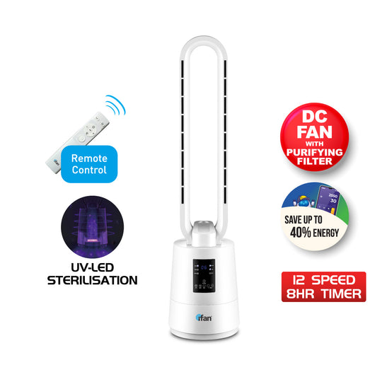 [NEA CLIMATE VOUCHER $400]iFan DC Bladeless Tower Fan – Remote Control, Oscillation, Timer, LED Temp Display, 3 Modes, 12-Speed (IF7461)