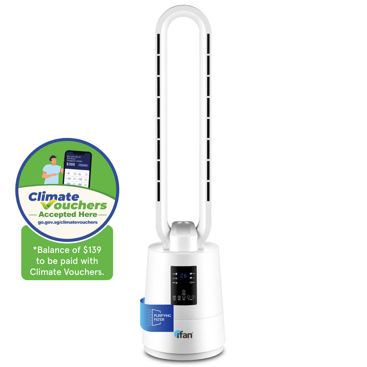 [NEA CLIMATE VOUCHER $400]iFan DC Bladeless Tower Fan – Remote Control, Oscillation, Timer, LED Temp Display, 3 Modes, 12-Speed (IF7461)